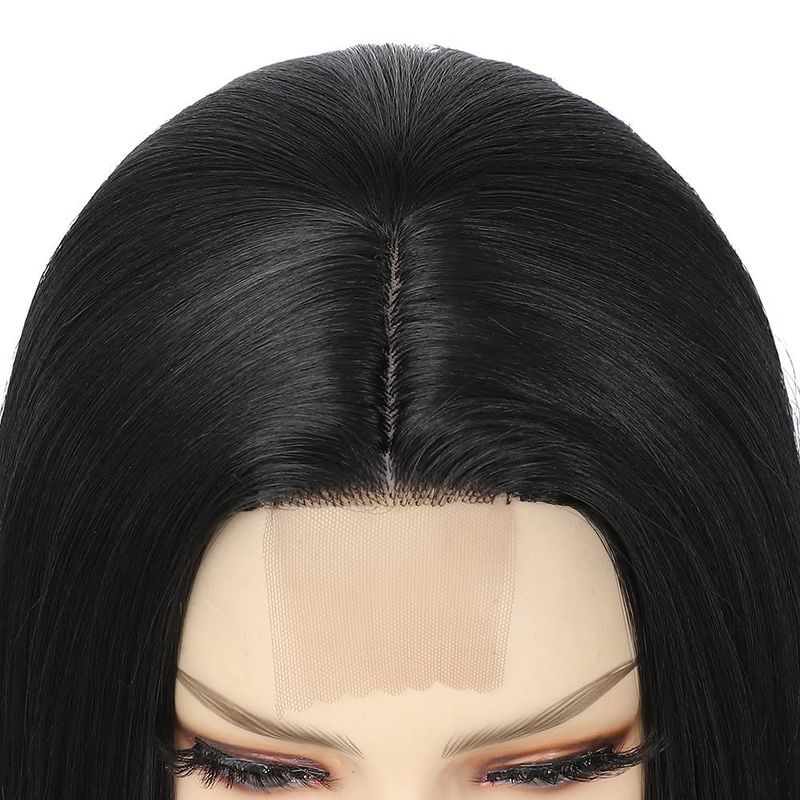 Synthetic Clip-in Ladies Small Front Lace Black Middle Part Short Straight Hair Chemical Fiber Headpiece_voghion.com