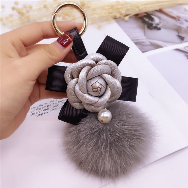 Korean Creative Bowknot Camellia Keychain Bag Pendant Women's Fox Fur Ball Key Ring Fashion Accessory_voghion.com