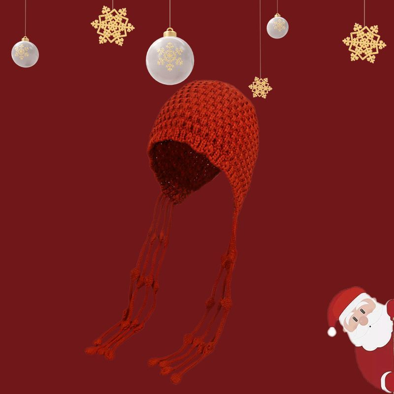 Joer gestrickte Fraen Hierscht a Wanter verdickt waarm Woll Chrëschtdag kleng rout Hutt Koreanesch Gesiicht kleng 2023 Nei_voghion.com