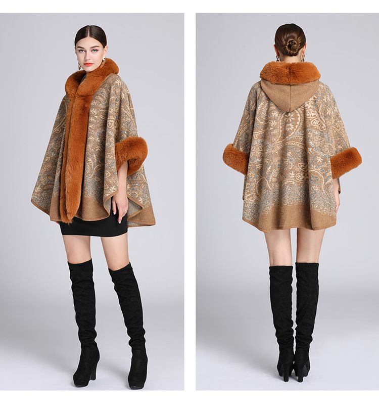 Cardigan in lana di grandi dimensioni con collo a scialle con cappuccio jacquard in pelliccia di coniglio rex di nuovo stile per donna_voghion.com