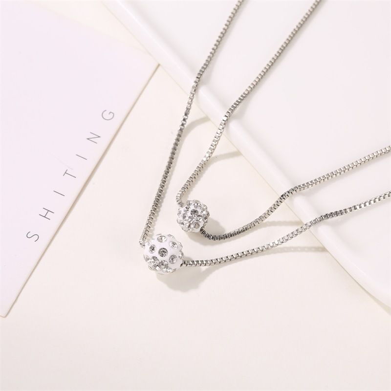 Collar de doble capa Shambhala con cadena de clavícula de bola de diamantes completa, conjunto de cadena de mujer simple coreana corta con diamantes completos_voghion.com