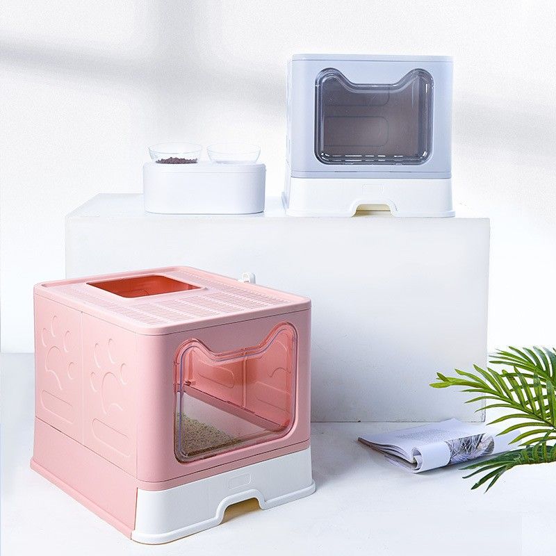 Pet Head Folding Box Closed Type Detachable Tray Double Door Top Entry Toilet With Cat Litter Scoop_voghion.com