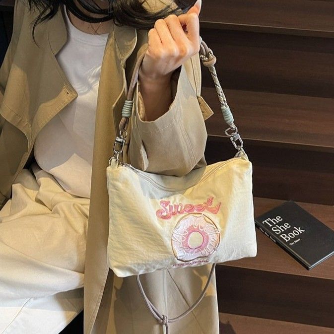 Embroidered Donut Handbag Nylon Fabric Trendy Women Japanese And Korean Style Casual Outing Commuting Crossbody_voghion.com