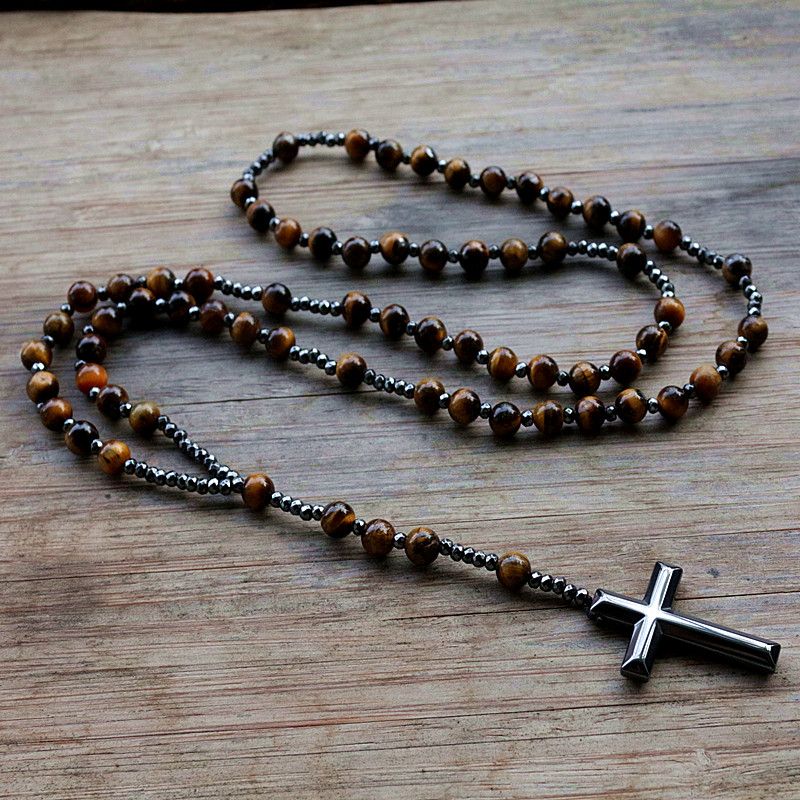 Vente chaude 6mm Lapis Lazuli Pierre Perle Hématite Pour Hommes Femmes Catholique Christ Chapelet Croix Pendentif Collier Dropshipping_voghion.com