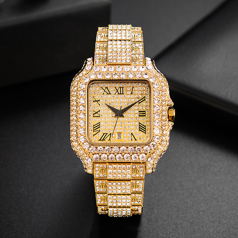 Men's Fashion Square Watch With Full Diamond Accents, Roman Numerals, And Quartz Movement - Waterproof, Stainless Steel Band, Mineral Glass_voghion.com