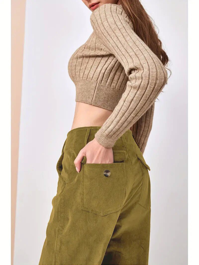 Women's High-waisted Straight Leg Pants - Stretch Corduroy Trousers For Casual & Office Wear, Slim Fit With Flowy Drape (Black, Yellow, Coffee, Blue)_voghion.com