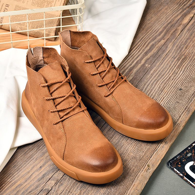 Autumn Winter Men's Cotton Short Boots High Top Color Polished Leather Large Size Fleece Lined Warm Outdoor Work Casual_voghion.com