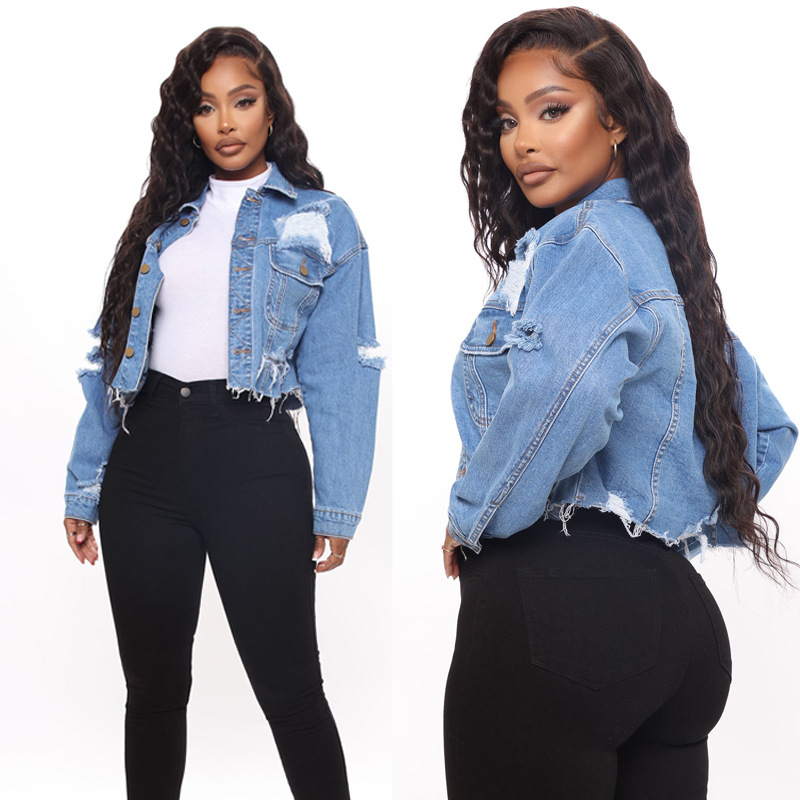 Yırtık denim kısa üst tek ürün yıkanmış uzun kollu yaka denim ceket_voghion.com