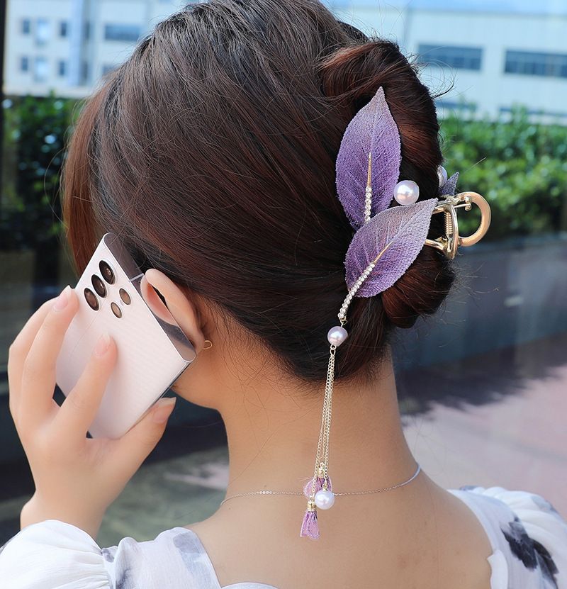 Large Leaf Multiple Strands, Butterfly Clip With Half Tied Clip, Summer High-end Tassel Hair Accessory_voghion.com