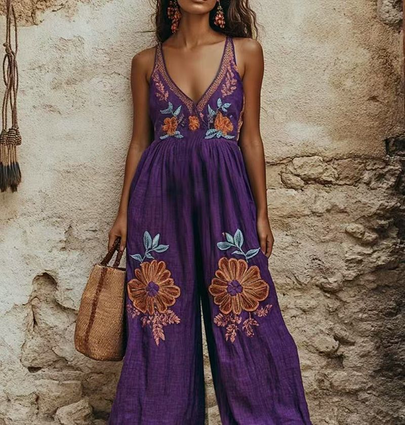 Women's Clothing Summer New Retro Printed Floral Cotton And Linen Suspenders Wide Leg Jumpsuit Trousers_voghion.com