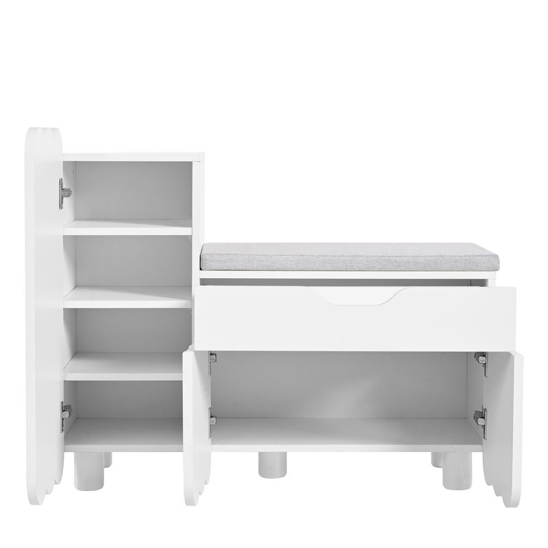 Meuble à chaussures moderne à 3 portes avec tiroir et coussin d'assise – Banc de rangement à chaussures blanc pour couloir, gain de place – Élégant meuble à chaussures d'entrée_voghion.com
