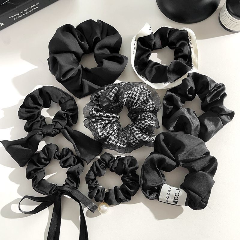 Koreanischer Stil High-End Schwarz Satin Elegante Scrunchie Band Mesh Dot Strass Rand Luxus Krawatte Haar Accessoire_voghion.com