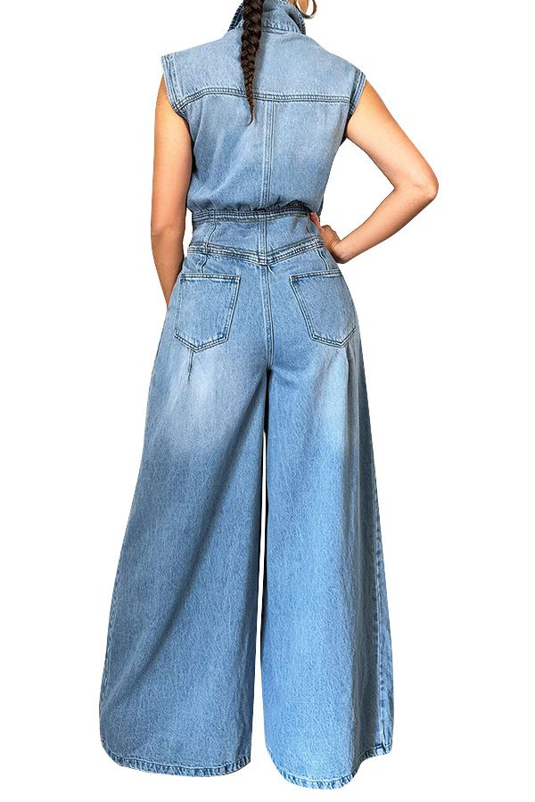 Damenbekleidung Denim-Jumpsuit mit weitem Bein und ärmellosem Design – Bequemer Strampler aus gewaschener Baumwolle für lässige Streetwear (Blau, S/M/L/XL/2XL)_voghion.com