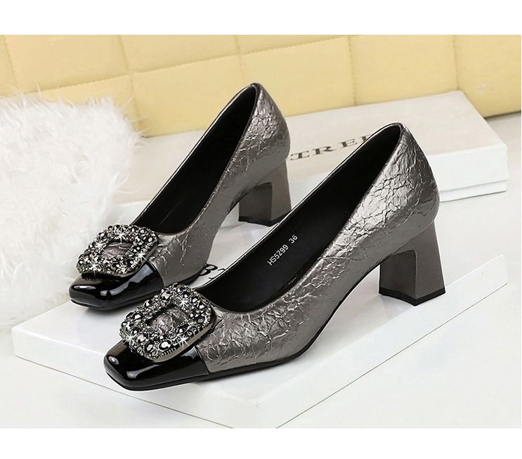 5299-K83 Fashion Party Coarse Women's Color Blocked Square Head Light Mouth Shining Metal Buckle High Heel Single Shoes_voghion.com