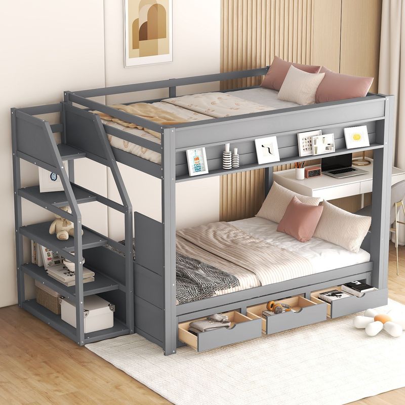 Wood Full Size Convertible Bunk Bed With Storage Staircase, Bedside Table, And 3 Drawers_voghion.com