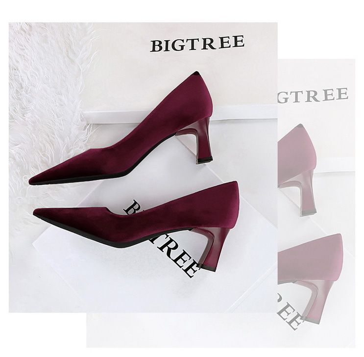 6188-9 Zapatos sencillos de moda para banquetes, de tacón alto y grueso, de gamuza y terciopelo del oeste, con boca poco profunda y puntiagudos_voghion.com