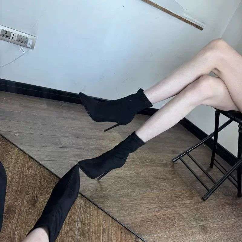 Stiletto High Heel Ankle For Women 2025 Autumn Winter New Pointed Toe Suede Stretch Slim Slimming Mid-Calf Sock Boots_voghion.com