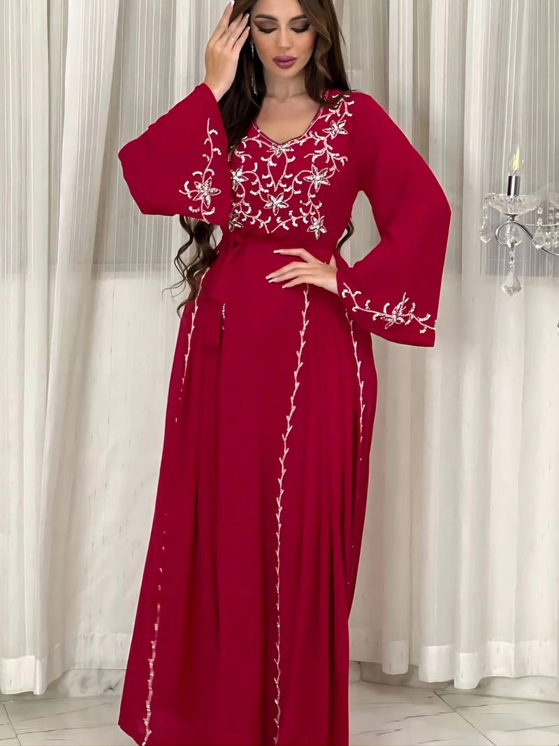 Abito da donna con ricamo e applique Abaya musulmano elegante da festa_voghion.com