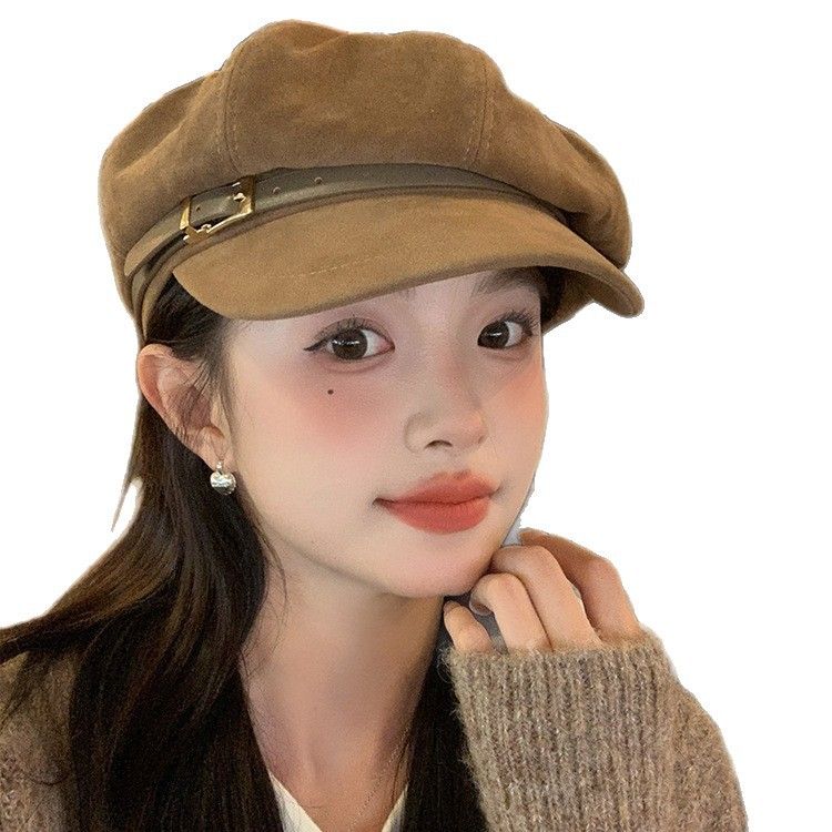 Vintage Suede Octagonal For Women, Autumn And Winter British Style Buckle Beret Newsboy Painter Hat_voghion.com