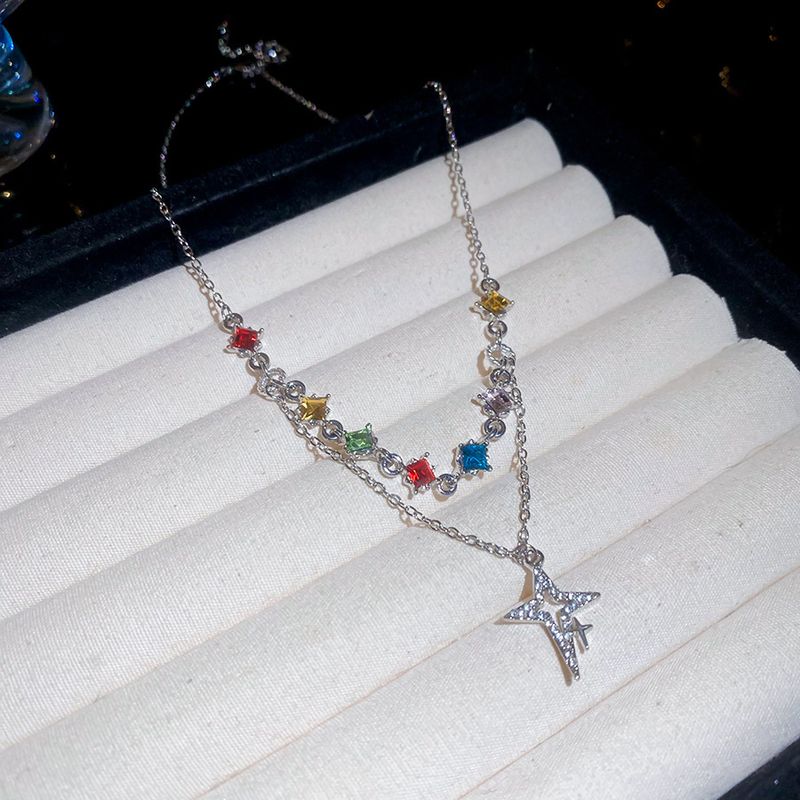 Diamond Studded Colorful Star Tassel Necklace Light Luxury High-end Feel, Collarbone With A Cold Personality And_voghion.com