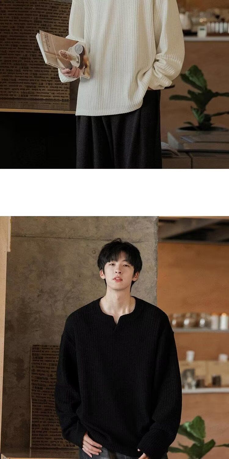 Maglietta a maniche lunghe con scollo a V e trama piccola per uomo, felpa base per primavera e autunno, stile americano alla moda_voghion.com