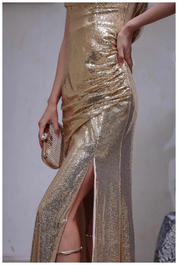 Damenbekleidung Gold Abendkleid Nischen Swing Kragen Rückenfreies Kleid Pailletten Party Lang Schmal Schlitz Laufsteg Kleid Rock_voghion.com
