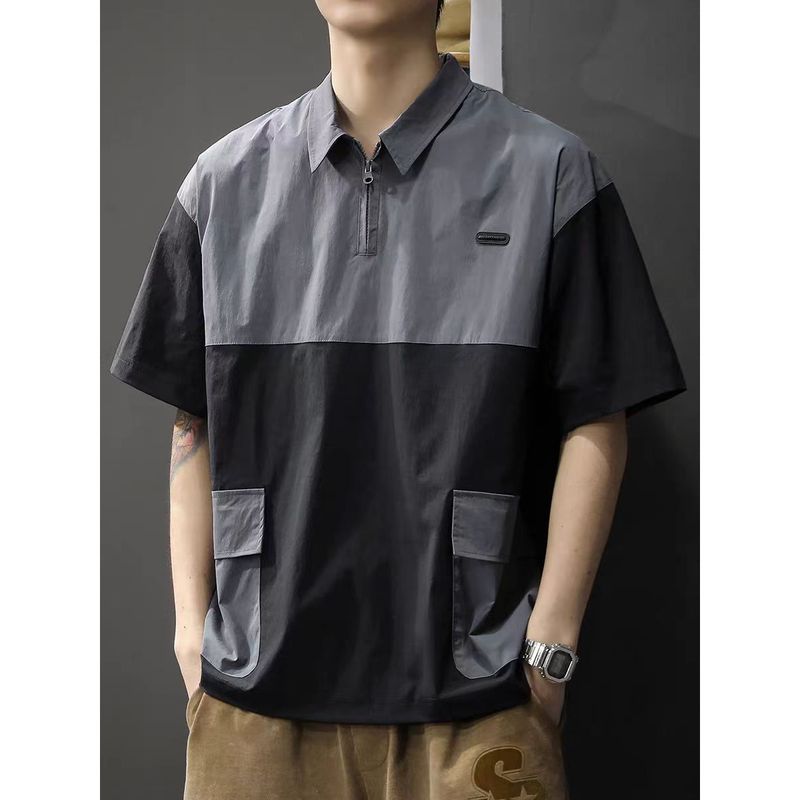 Two-Tone Short Sleeve Zip Polo Shirt For Men, Summer Color-Block Multi-Pocket T-Shirt, Quick-Dry Workwear Turn-Down_voghion.com