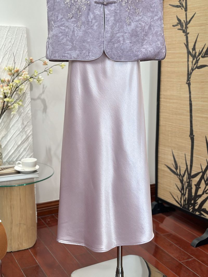 ChicShe Gonna lunga midi elegante e versatile in raso acetato liscio in stile cinese per donna, primavera estate, nuova ed elastica a vita alta_voghion.com