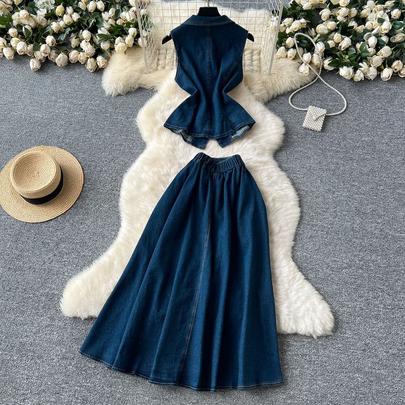 Dameklær Aldersreduserende dress for kvinner Plisset midje Lapel Ermeløs denim topp Høy midje skjørt_voghion.com