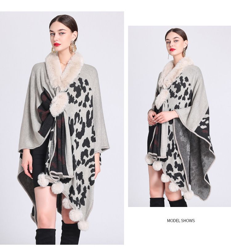 Mantella con collo di pelliccia, mantello con palla di pelliccia, mantello jacquard in maglia larga, cappotto di grandi dimensioni_voghion.com