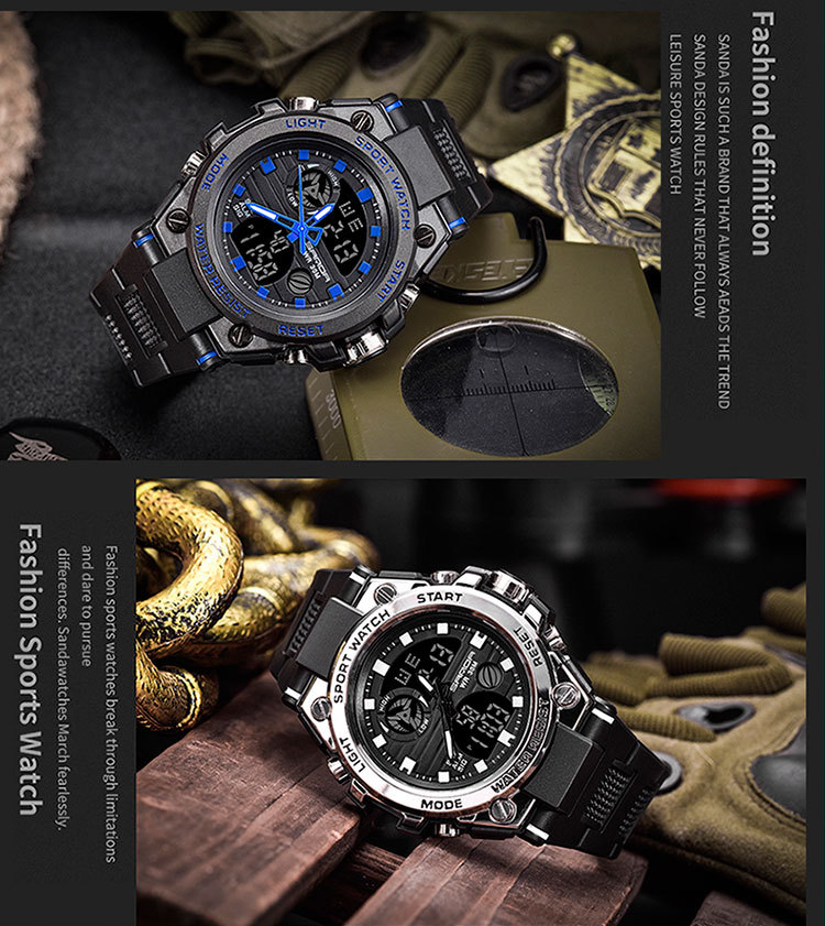 Sanda 739 montre électronique étanche multifonctionnelle à double affichage pour étudiant masculin avec grand cadran Sanda_voghion.com