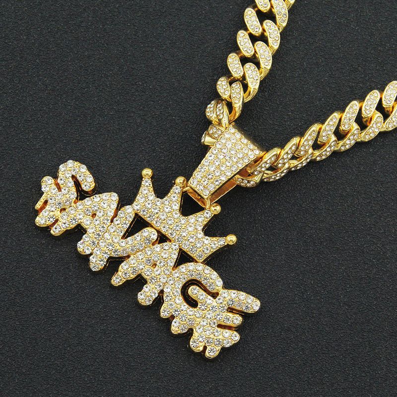 Cool full crown letter pendant for men's hip-hop wear with diamond inlaid Cuban necklace neck chain_voghion.com