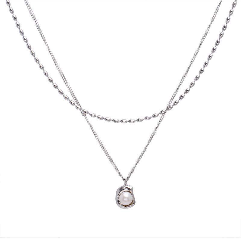 Mode Vintage Doppel Schicht Perle Anhänger Halskette Für Frauen Elegante Silber Farbe Unregelmäßigen Schlüsselbein Kette Halsketten Schmuck 2024_voghion.com