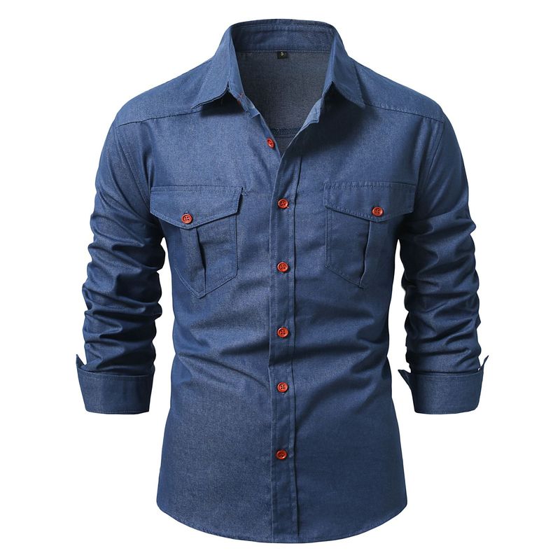 Herrenbekleidung Neue Herren Casual Denim Outdoor Workwear Langarmhemd Jugend Einfarbiges Hemd Herrenbekleidung_voghion.com