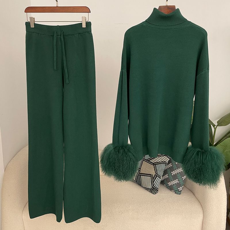 Ensemble en tricot avec poignets en fourrure de renard pour femme – Pull ample à col montant et pantalon large pour l'automne/hiver_voghion.com