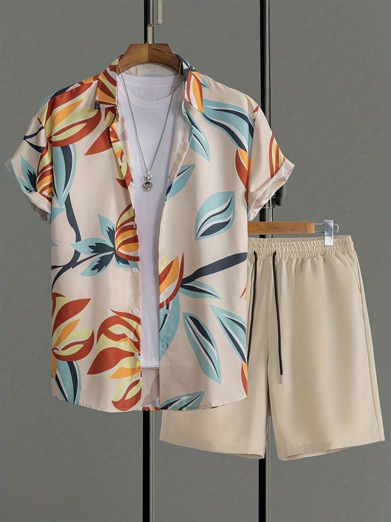 Camicia Hawaii di qualità imbattibile per uomo, casual, da vacanza, con pantaloncini a maniche corte, set da due pezzi_voghion.com