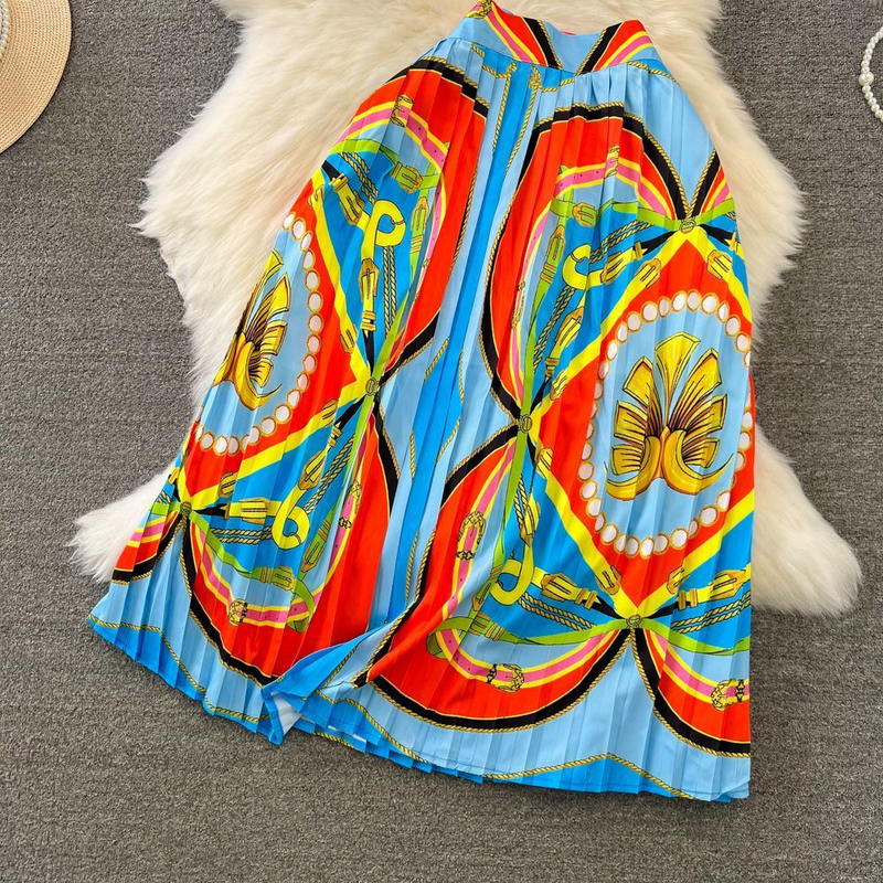 Abbigliamento da donna Set moda per le vacanze al mare, set a due pezzi con canotta a tubo, gonna a pieghe stampata a trapezio dimagrante a vita alta_voghion.com