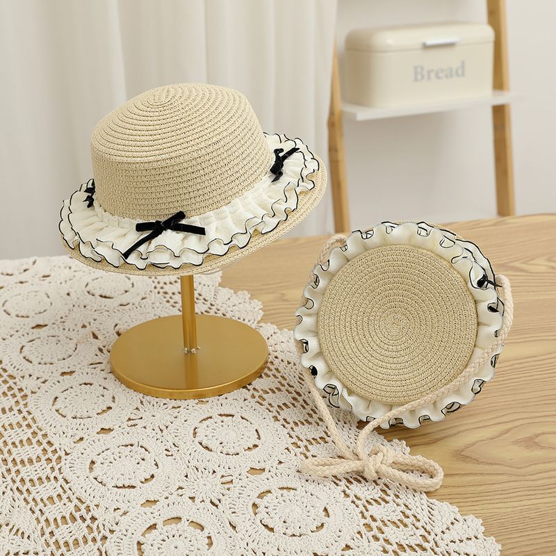 Borsa carina per bambini estivi nuovi set di due pezzi parasole cappello di paglia a sommità piatta per ragazza da sole_voghion.com