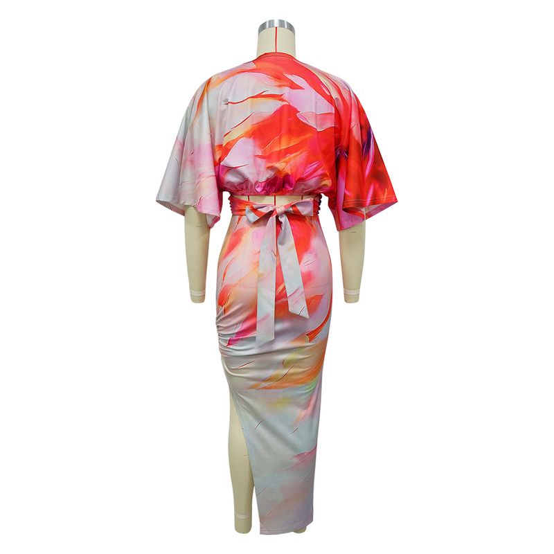 Completo gonna con spacchi laterali e scollo a V sexy da donna, nuovo_voghion.com