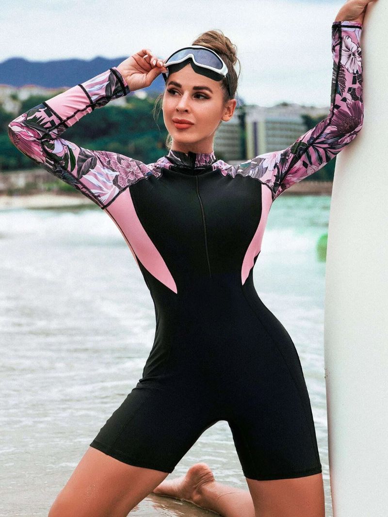Traje de baño deportivo de competición, ajustado, con cremallera y manga larga, estampado, estilo europeo y americano, para mujer._voghion.com