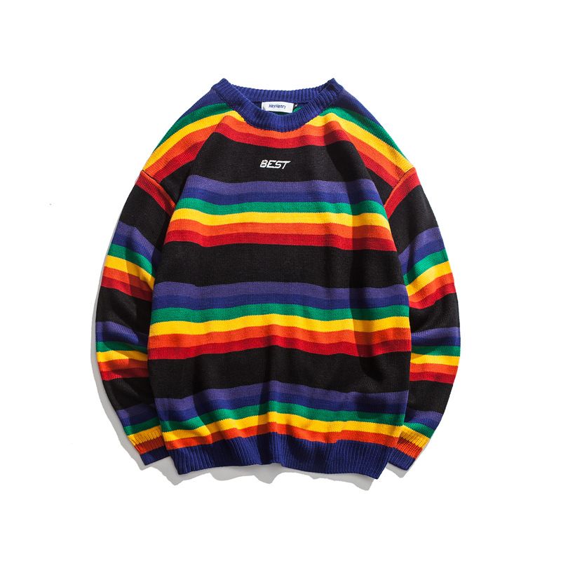 Herrenbekleidung HeyHenry Regenbogen gestreift New Style Literarischer Paarpullover Herrenpaar Bf Einfacher Strickpullover_voghion.com