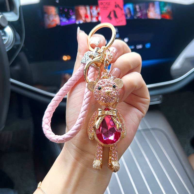 Korean Version Fashion Joint Bear Creative Leather Rope Cartoon Alloy Inlaid Diamond Car Keychain Bag Pendant_voghion.com