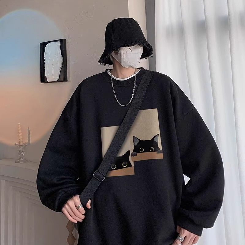 Felpa girocollo senza cappuccio con stampa di gatto pigro chic per uomo, giacca in pile alla moda per giovani, autunno inverno_voghion.com