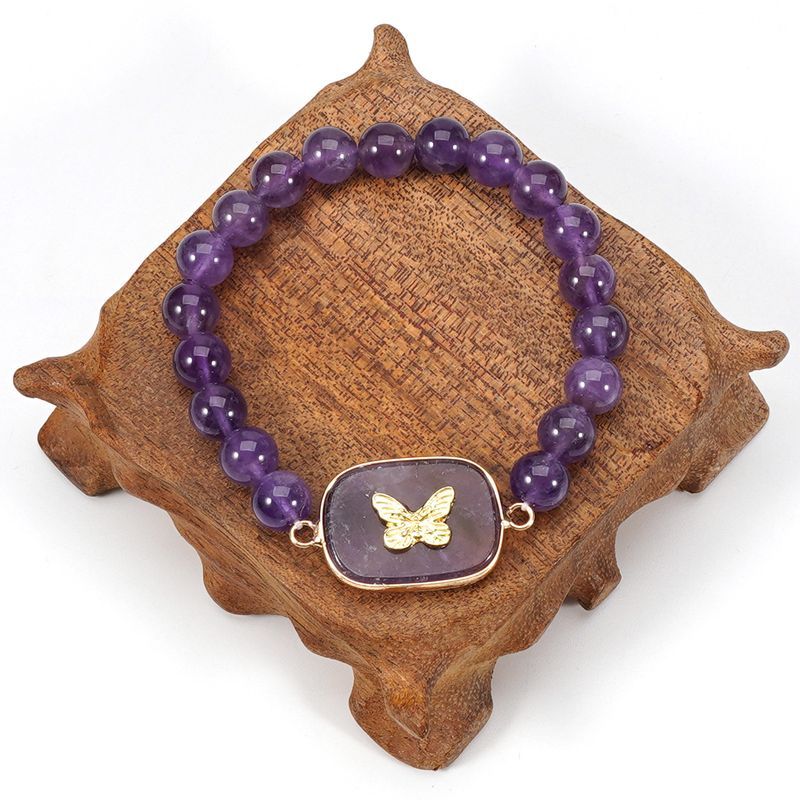 Braccialetto in pietra naturale con perline rotonde in cristallo viola da 8 cm, con etichetta a farfalla, set di personalità semplice_voghion.com