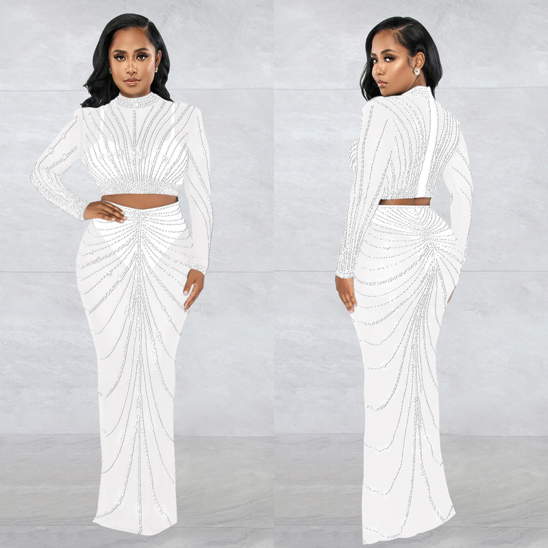 Kadın Giyim Mesh Mesh See Through Uzun Kollu Uzun Etek İki Parça Set_voghion.com