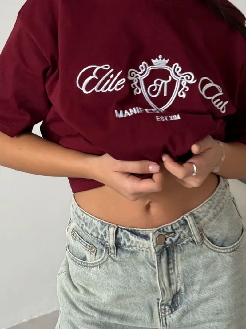 Damenbekleidung T-Shirt Tops Für Frauen Im Sommer Freizeit Lazy Letters Stickerei Drop Shoulder Rundhalsausschnitt Kurze Ärmel Für Frauen_voghion.com