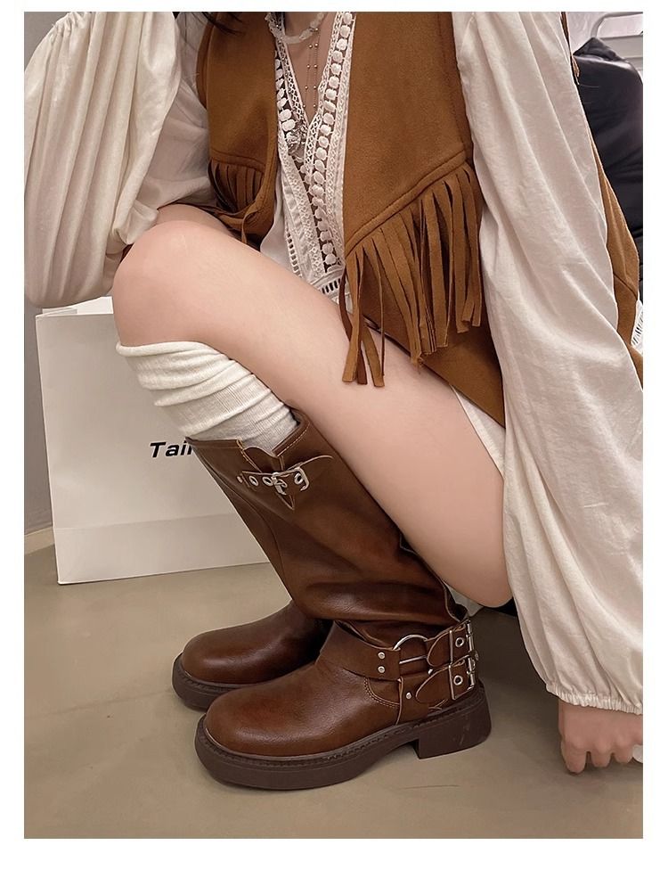 Braune Kniehohe Stiefel für Frauen 2025 Herbst und Winter Neue echte Leder Western Cowboystiefel Lange Stiefel Hohe Ritterstiefel_voghion.com