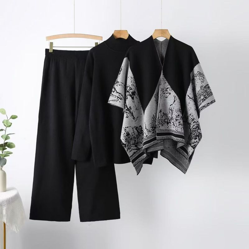 Fashion 3-Piece Set: Shawl Cardigan + Oversized Sweater + Wide Leg Pants – Elegant Office & Casual Outfit, Wrinkle-Free Polyester, Plus Size Friendly_voghion.com