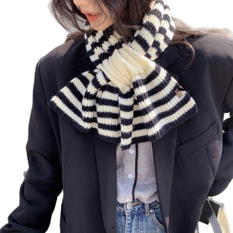 Sciarpa lavorata a maglia spessa decorativa versatile in stile coreano, stile autunno inverno, da donna, a righe incrociate in lana_voghion.com