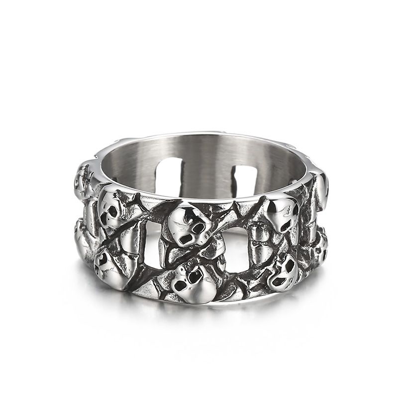 Anello con testa di fantasma, teschio punk, bracciale a catena cubana, set da uomo in acciaio al titanio_voghion.com
